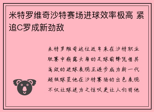 米特罗维奇沙特赛场进球效率极高 紧追C罗成新劲敌 米特罗维奇沙特赛场进球效率极高 紧追C罗成新劲敌